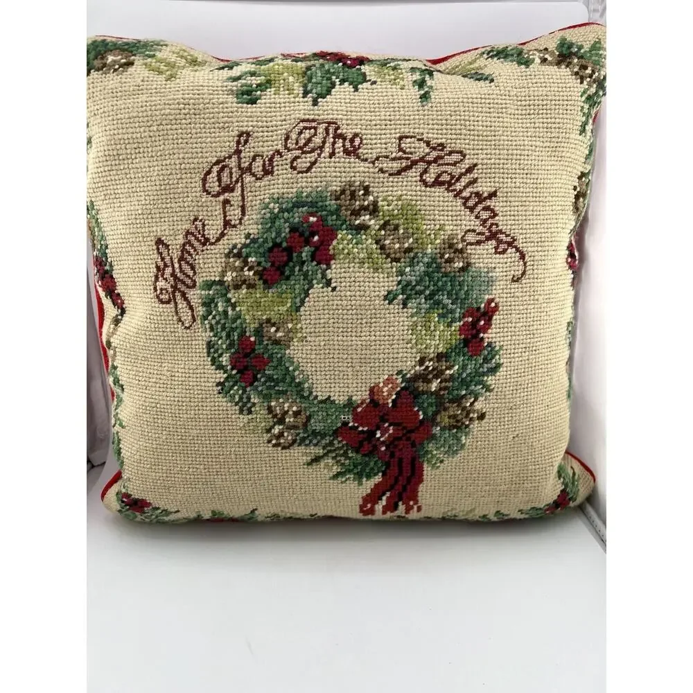 Vintage Lillian Vernon Home For The Holidays Christmas Wool Needlepoint Pillow